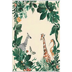 Oturma Odası Halısı – Krem; Yeşil – Safari Hayvan Desen, Makinede Yıkanabilir, Kolay Temizlenebilir, Toz Ve Tüy Tutmaz, Kaymaz, Evcil Hayvan Dostu 150x240 cm