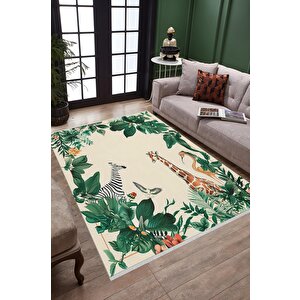 Oturma Odası Halısı – Krem; Yeşil – Safari Hayvan Desen, Makinede Yıkanabilir, Kolay Temizlenebilir, Toz Ve Tüy Tutmaz, Kaymaz, Evcil Hayvan Dostu 150x240 cm