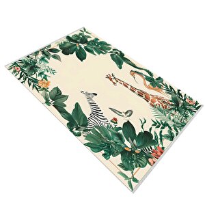Oturma Odası Halısı – Krem; Yeşil – Safari Hayvan Desen, Makinede Yıkanabilir, Kolay Temizlenebilir, Toz Ve Tüy Tutmaz, Kaymaz, Evcil Hayvan Dostu 150x240 cm