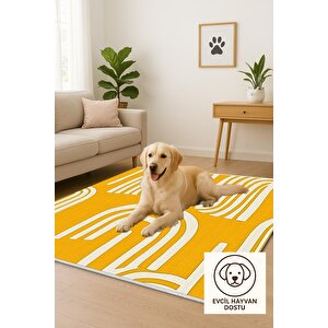 Pamuk Dokuma Taban Halı – Sarı; Beyaz – Geometrik Desen, Makinede Yıkanabilir, Kolay Temizlenebilir, Toz Ve Tüy Tutmaz, Kaymaz, Evcil Hayvan Dostu