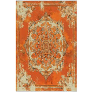Pamuk Dokuma Taban Halı – Turuncu; Krem; Kahverengi – Eskitilmiş Görünümlü Oriental Desen, Makinede Yıkanabilir, Kolay Temizlenebilir, Toz Ve Tüy Tutmaz, Kaymaz, Evcil Hayvan Dostu 200x220 cm