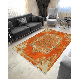 Pamuk Dokuma Taban Halı – Turuncu; Krem; Kahverengi – Eskitilmiş Görünümlü Oriental Desen, Makinede Yıkanabilir, Kolay Temizlenebilir, Toz Ve Tüy Tutmaz, Kaymaz, Evcil Hayvan Dostu 200x220 cm