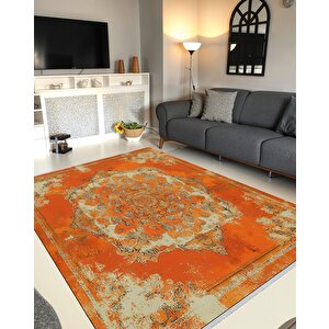 Pamuk Dokuma Taban Halı – Turuncu; Krem; Kahverengi – Eskitilmiş Görünümlü Oriental Desen, Makinede Yıkanabilir, Kolay Temizlenebilir, Toz Ve Tüy Tutmaz, Kaymaz, Evcil Hayvan Dostu 200x220 cm