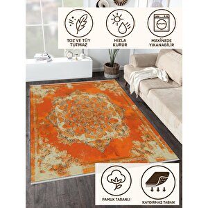 Pamuk Dokuma Taban Halı – Turuncu; Krem; Kahverengi – Eskitilmiş Görünümlü Oriental Desen, Makinede Yıkanabilir, Kolay Temizlenebilir, Toz Ve Tüy Tutmaz, Kaymaz, Evcil Hayvan Dostu