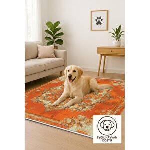 Pamuk Dokuma Taban Halı – Turuncu; Krem; Kahverengi – Eskitilmiş Görünümlü Oriental Desen, Makinede Yıkanabilir, Kolay Temizlenebilir, Toz Ve Tüy Tutmaz, Kaymaz, Evcil Hayvan Dostu