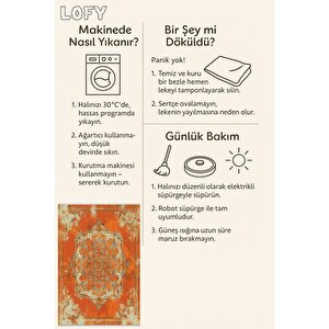 Pamuk Dokuma Taban Halı – Turuncu; Krem; Kahverengi – Eskitilmiş Görünümlü Oriental Desen, Makinede Yıkanabilir, Kolay Temizlenebilir, Toz Ve Tüy Tutmaz, Kaymaz, Evcil Hayvan Dostu