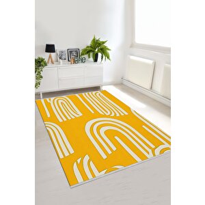 Pamuk Dokuma Taban Halı – Sarı; Beyaz – Geometrik Desen, Makinede Yıkanabilir, Kolay Temizlenebilir, Toz Ve Tüy Tutmaz, Kaymaz, Evcil Hayvan Dostu 120x270 cm