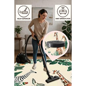 Oturma Odası Halısı – Krem; Yeşil – Safari Hayvan Desen, Makinede Yıkanabilir, Kolay Temizlenebilir, Toz Ve Tüy Tutmaz, Kaymaz, Evcil Hayvan Dostu