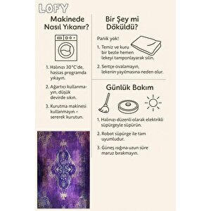 Pamuk Dokuma Taban Halı – Mor; Krem; Mavi – Eskitilmiş Görünümlü Oriental Desen, Makinede Yıkanabilir, Kolay Temizlenebilir, Toz Ve Tüy Tutmaz, Kaymaz, Evcil Hayvan Dostu