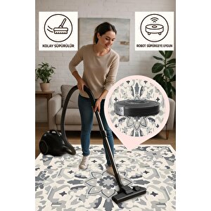 Pamuk Dokuma Taban Halı – Gri; Beyaz – Geometrik Desen, Makinede Yıkanabilir, Kolay Temizlenebilir, Toz Ve Tüy Tutmaz, Kaymaz, Evcil Hayvan Dostu