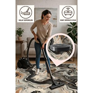 Pamuk Dokuma Taban Halı – Siyah; Gri; Bej; Kahverengi – Mermer Desen, Makinede Yıkanabilir, Kolay Temizlenebilir, Toz Ve Tüy Tutmaz, Kaymaz, Evcil Hayvan Dostu