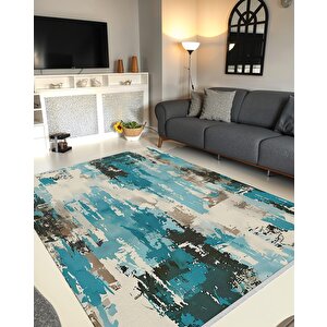 Pamuk Dokuma Taban Halı – Turkuaz; Siyah; Bej; Krem – Soyut Desen, Makinede Yıkanabilir, Kolay Temizlenebilir, Toz Ve Tüy Tutmaz, Kaymaz, Evcil Hayvan Dostu 160x180 cm