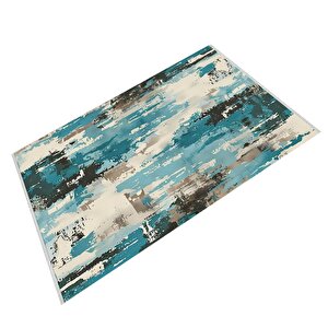 Pamuk Dokuma Taban Halı – Turkuaz; Siyah; Bej; Krem – Soyut Desen, Makinede Yıkanabilir, Kolay Temizlenebilir, Toz Ve Tüy Tutmaz, Kaymaz, Evcil Hayvan Dostu 160x180 cm