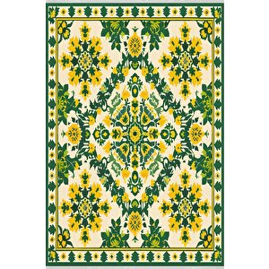 Pamuk Dokuma Taban Halı –yeşil, Sarı, Fildişi – Floral Desen, Makinede Yıkanabilir, Kolay Temizlenebilir, Toz Ve Tüy Tutmaz, Kaymaz, Evcil Hayvan Dostu