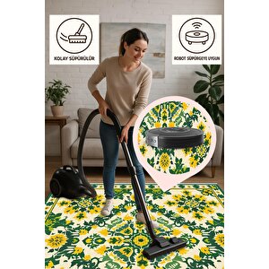 Pamuk Dokuma Taban Halı –yeşil, Sarı, Fildişi – Floral Desen, Makinede Yıkanabilir, Kolay Temizlenebilir, Toz Ve Tüy Tutmaz, Kaymaz, Evcil Hayvan Dostu