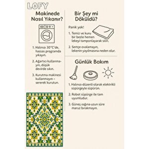 Pamuk Dokuma Taban Halı –yeşil, Sarı, Fildişi – Floral Desen, Makinede Yıkanabilir, Kolay Temizlenebilir, Toz Ve Tüy Tutmaz, Kaymaz, Evcil Hayvan Dostu