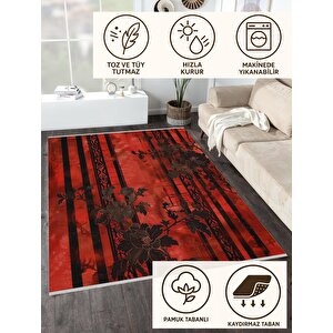 Pamuk Dokuma Taban Halı – Kırmızı; Siyah – Çiçekli Modern Tasarım, Eskitilmiş Görünüm, Makinede Yıkanabilir, Kolay Temizlenebilir, Toz Ve Tüy Tutmaz, Kaymaz, Evcil Hayvan Dostu