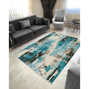 Pamuk Dokuma Taban Halı – Turkuaz; Siyah; Bej; Krem – Soyut Desen, Makinede Yıkanabilir, Kolay Temizlenebilir, Toz Ve Tüy Tutmaz, Kaymaz, Evcil Hayvan Dostu