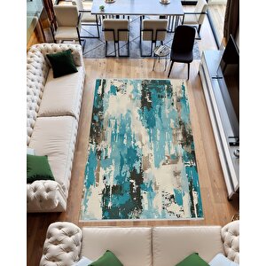 Pamuk Dokuma Taban Halı – Turkuaz; Siyah; Bej; Krem – Soyut Desen, Makinede Yıkanabilir, Kolay Temizlenebilir, Toz Ve Tüy Tutmaz, Kaymaz, Evcil Hayvan Dostu