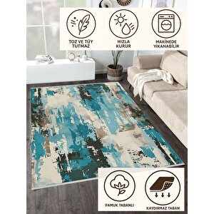 Pamuk Dokuma Taban Halı – Turkuaz; Siyah; Bej; Krem – Soyut Desen, Makinede Yıkanabilir, Kolay Temizlenebilir, Toz Ve Tüy Tutmaz, Kaymaz, Evcil Hayvan Dostu