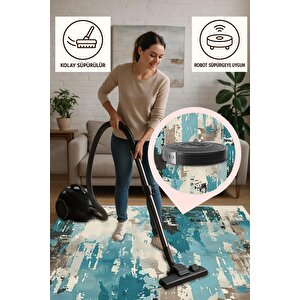 Pamuk Dokuma Taban Halı – Turkuaz; Siyah; Bej; Krem – Soyut Desen, Makinede Yıkanabilir, Kolay Temizlenebilir, Toz Ve Tüy Tutmaz, Kaymaz, Evcil Hayvan Dostu