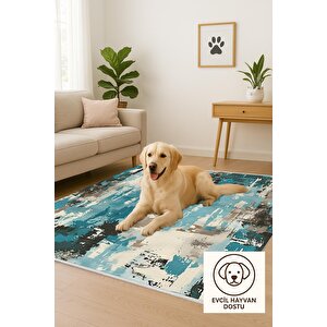 Pamuk Dokuma Taban Halı – Turkuaz; Siyah; Bej; Krem – Soyut Desen, Makinede Yıkanabilir, Kolay Temizlenebilir, Toz Ve Tüy Tutmaz, Kaymaz, Evcil Hayvan Dostu