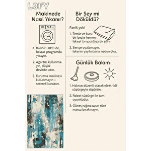 Pamuk Dokuma Taban Halı – Turkuaz; Siyah; Bej; Krem – Soyut Desen, Makinede Yıkanabilir, Kolay Temizlenebilir, Toz Ve Tüy Tutmaz, Kaymaz, Evcil Hayvan Dostu