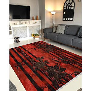 Pamuk Dokuma Taban Halı – Kırmızı; Siyah – Çiçekli Modern Tasarım, Eskitilmiş Görünüm, Makinede Yıkanabilir, Kolay Temizlenebilir, Toz Ve Tüy Tutmaz, Kaymaz, Evcil Hayvan Dostu 100x180 cm