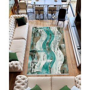 Robot Süpürgeye Uygun Halı – Pamuk Dokuma Taban Halı – Turkuaz; Kahverengi; Beyaz – Eskitilmiş Görünümlü (vintage Look) Desen, Makinede Yıkanabilir, Kolay Temizlenebilir, Toz Ve Tüy Tutmaz, Kaymaz, Evcil Hayvan Dostu 150x300 cm