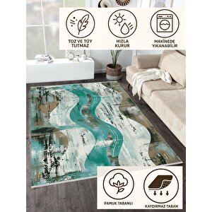 Robot Süpürgeye Uygun Halı – Pamuk Dokuma Taban Halı – Turkuaz; Kahverengi; Beyaz – Eskitilmiş Görünümlü (vintage Look) Desen, Makinede Yıkanabilir, Kolay Temizlenebilir, Toz Ve Tüy Tutmaz, Kaymaz, Evcil Hayvan Dostu