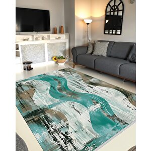 Robot Süpürgeye Uygun Halı – Pamuk Dokuma Taban Halı – Turkuaz; Kahverengi; Beyaz – Eskitilmiş Görünümlü (vintage Look) Desen, Makinede Yıkanabilir, Kolay Temizlenebilir, Toz Ve Tüy Tutmaz, Kaymaz, Evcil Hayvan Dostu