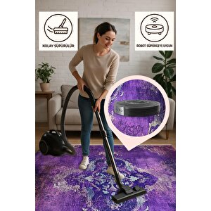 Pamuk Dokuma Taban Halı – Mor; Krem; Mavi – Eskitilmiş Görünümlü Oriental Desen, Makinede Yıkanabilir, Kolay Temizlenebilir, Toz Ve Tüy Tutmaz, Kaymaz, Evcil Hayvan Dostu