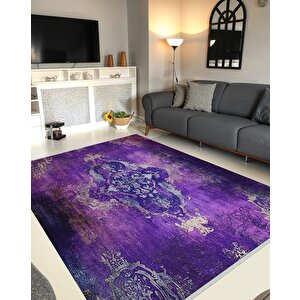 Pamuk Dokuma Taban Halı – Mor; Krem; Mavi – Eskitilmiş Görünümlü Oriental Desen, Makinede Yıkanabilir, Kolay Temizlenebilir, Toz Ve Tüy Tutmaz, Kaymaz, Evcil Hayvan Dostu