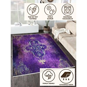 Pamuk Dokuma Taban Halı – Mor; Krem; Mavi – Eskitilmiş Görünümlü Oriental Desen, Makinede Yıkanabilir, Kolay Temizlenebilir, Toz Ve Tüy Tutmaz, Kaymaz, Evcil Hayvan Dostu