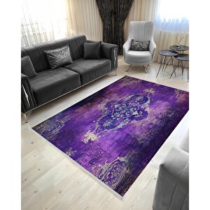 Pamuk Dokuma Taban Halı – Mor; Krem; Mavi – Eskitilmiş Görünümlü Oriental Desen, Makinede Yıkanabilir, Kolay Temizlenebilir, Toz Ve Tüy Tutmaz, Kaymaz, Evcil Hayvan Dostu