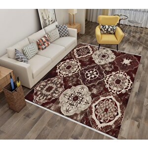 Pamuk Dokuma Taban Halı – Bordo; Kahverengi; Krem – Eskitilmiş Görünümlü Geleneksel Desen, Makinede Yıkanabilir, Kolay Temizlenebilir, Toz Ve Tüy Tutmaz, Kaymaz, Evcil Hayvan Dostu