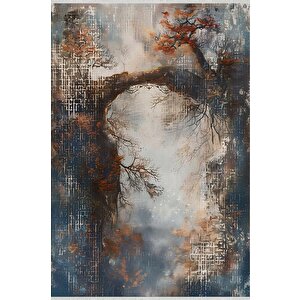 Oturma Odası Halısı – Lacivert; Turuncu – Doğa Manzara Desen, Makinede Yıkanabilir, Kolay Temizlenebilir, Toz Ve Tüy Tutmaz, Kaymaz, Evcil Hayvan Dostu 200x270 cm