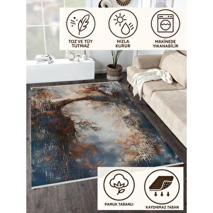 Oturma Odası Halısı – Lacivert; Turuncu – Doğa Manzara Desen, Makinede Yıkanabilir, Kolay Temizlenebilir, Toz Ve Tüy Tutmaz, Kaymaz, Evcil Hayvan Dostu
