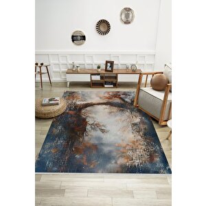 Oturma Odası Halısı – Lacivert; Turuncu – Doğa Manzara Desen, Makinede Yıkanabilir, Kolay Temizlenebilir, Toz Ve Tüy Tutmaz, Kaymaz, Evcil Hayvan Dostu