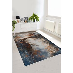 Oturma Odası Halısı – Lacivert; Turuncu – Doğa Manzara Desen, Makinede Yıkanabilir, Kolay Temizlenebilir, Toz Ve Tüy Tutmaz, Kaymaz, Evcil Hayvan Dostu