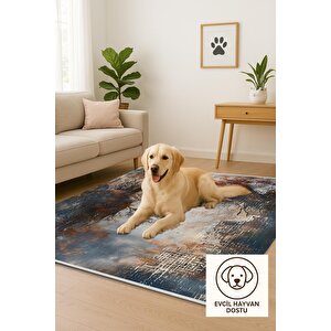 Oturma Odası Halısı – Lacivert; Turuncu – Doğa Manzara Desen, Makinede Yıkanabilir, Kolay Temizlenebilir, Toz Ve Tüy Tutmaz, Kaymaz, Evcil Hayvan Dostu