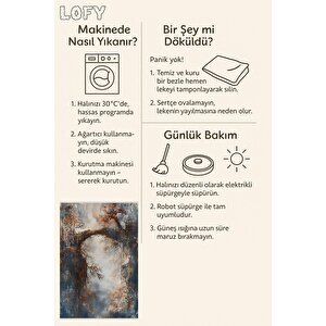 Oturma Odası Halısı – Lacivert; Turuncu – Doğa Manzara Desen, Makinede Yıkanabilir, Kolay Temizlenebilir, Toz Ve Tüy Tutmaz, Kaymaz, Evcil Hayvan Dostu