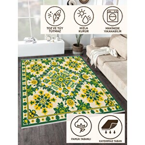 Pamuk Dokuma Taban Halı –yeşil, Sarı, Fildişi – Floral Desen, Makinede Yıkanabilir, Kolay Temizlenebilir, Toz Ve Tüy Tutmaz, Kaymaz, Evcil Hayvan Dostu 200x220 cm