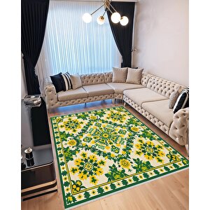 Pamuk Dokuma Taban Halı –yeşil, Sarı, Fildişi – Floral Desen, Makinede Yıkanabilir, Kolay Temizlenebilir, Toz Ve Tüy Tutmaz, Kaymaz, Evcil Hayvan Dostu 200x220 cm