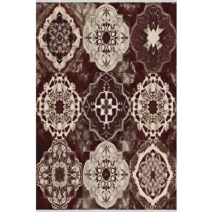 Pamuk Dokuma Taban Halı – Bordo; Kahverengi; Krem – Eskitilmiş Görünümlü Geleneksel Desen, Makinede Yıkanabilir, Kolay Temizlenebilir, Toz Ve Tüy Tutmaz, Kaymaz, Evcil Hayvan Dostu 160x230 cm