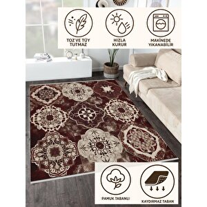 Pamuk Dokuma Taban Halı – Bordo; Kahverengi; Krem – Eskitilmiş Görünümlü Geleneksel Desen, Makinede Yıkanabilir, Kolay Temizlenebilir, Toz Ve Tüy Tutmaz, Kaymaz, Evcil Hayvan Dostu 160x230 cm