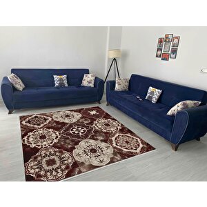 Pamuk Dokuma Taban Halı – Bordo; Kahverengi; Krem – Eskitilmiş Görünümlü Geleneksel Desen, Makinede Yıkanabilir, Kolay Temizlenebilir, Toz Ve Tüy Tutmaz, Kaymaz, Evcil Hayvan Dostu