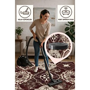 Pamuk Dokuma Taban Halı – Bordo; Kahverengi; Krem – Eskitilmiş Görünümlü Geleneksel Desen, Makinede Yıkanabilir, Kolay Temizlenebilir, Toz Ve Tüy Tutmaz, Kaymaz, Evcil Hayvan Dostu