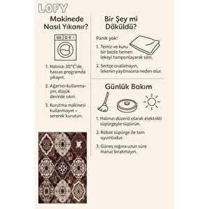 Pamuk Dokuma Taban Halı – Bordo; Kahverengi; Krem – Eskitilmiş Görünümlü Geleneksel Desen, Makinede Yıkanabilir, Kolay Temizlenebilir, Toz Ve Tüy Tutmaz, Kaymaz, Evcil Hayvan Dostu