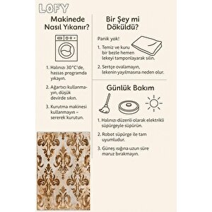 Pamuk Dokuma Taban Halı – Kahverengi; Bej – Damask Desen, Makinede Yıkanabilir, Kolay Temizlenebilir, Toz Ve Tüy Tutmaz, Kaymaz, Evcil Hayvan Dostu